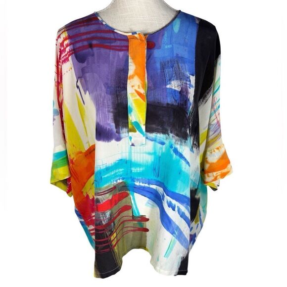 Lafayette 148 New York Multi Color Silk 3/4 Sleeve Flowy Tunic Blouse - Picture 2 of 9